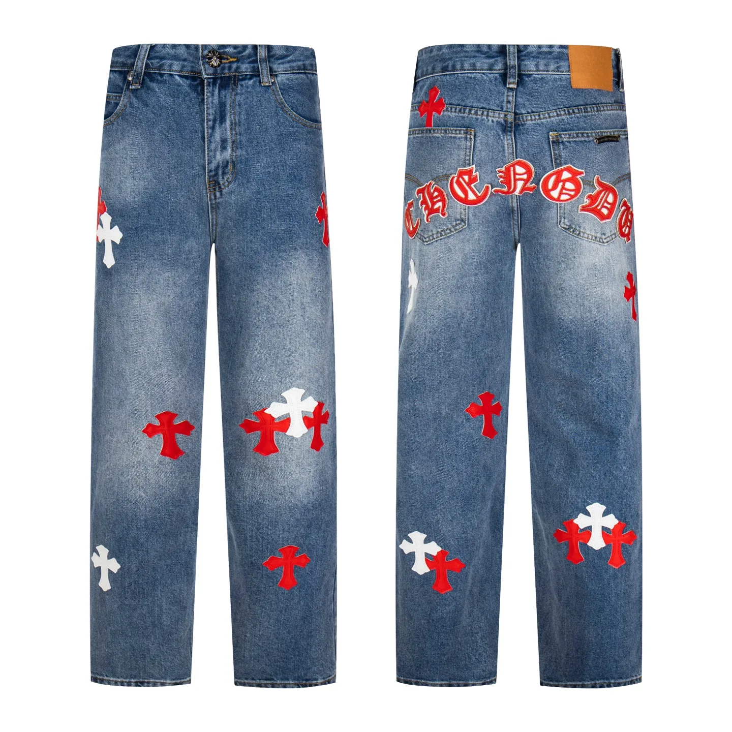 P260 Chrome Hearts Light Blue Pants Sanskrit Red and White Leather Jeans CH jeans need to be washed and then dismantled and hand-stitched with sheepskin cross leather and then spliced ​​together. The whole piece has too many craftsmanship to explain. The patchwork cross pattern is embellished, and the high-waisted washed jeans! ! Absolutely high-end luxury products, god-level single products and super popular products, made with top heavy industry, a must-see magic weapon. Customized hardware. The fabric is thick and soft after washing. It has good breathability. Customized small leather label. Unique design. The details are simple and elegant, and the workmanship is exquisite. The entire trousers are neatly routed and the details are in place! It’s so cool that both men and women can easily control the genderless trend! Style number: 1802# Color: blue Size: 28 30 32 34